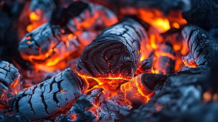 Close-Up View of Glowing Charcoal Embers with Bright Orange Flames, Capturing the Beauty of Fire and Heat in a Dark Setting