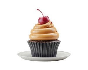 Delicious chocolate cupcake topped with creamy caramel frosting and a cherry