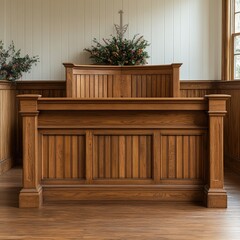 A simple church interior with wooden pews and a cross on the wall, suitable for various uses such as faith-related content or architectural designs