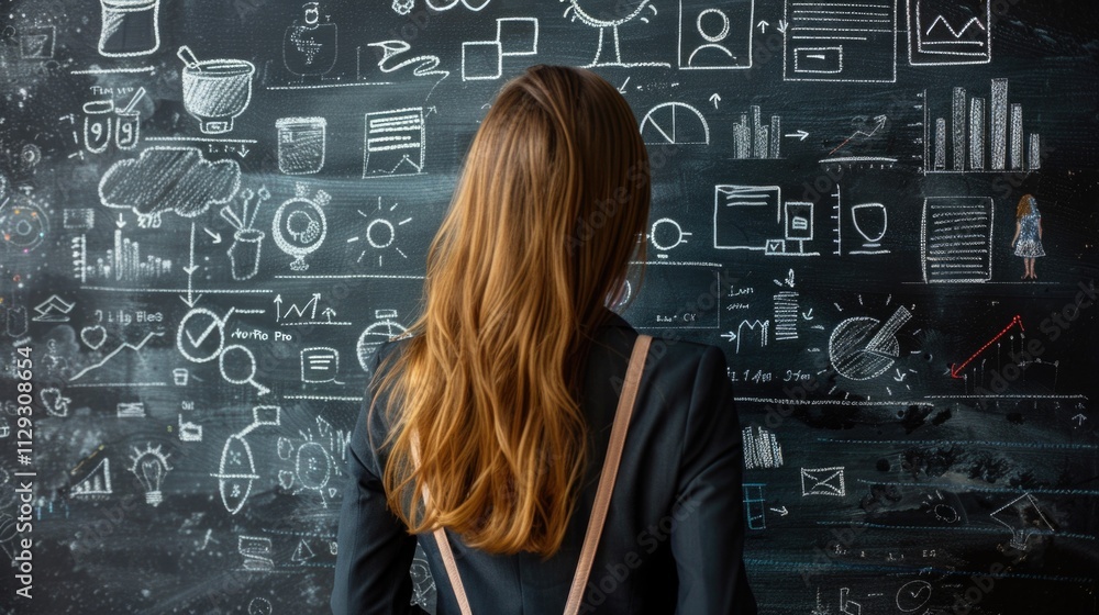 Poster a woman stands in front of a chalkboard filled with colorful drawings and sketches