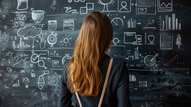 A woman stands in front of a chalkboard filled with colorful drawings and sketches