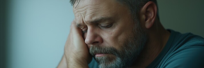 Obraz premium A man with a beard and gray hair is looking down and rubbing his face. He is in a state of deep thought or contemplation