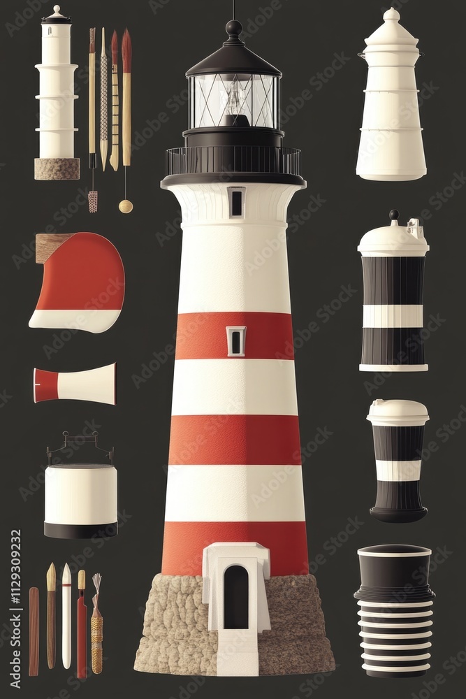 Poster a solitary lighthouse stands out against a dark background, surrounded by various objects