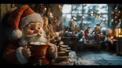 Santa taking a moment to enjoy a steaming cup of hot chocolate while watching the elves work diligently in the Christmas workshop.