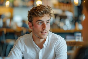 Obraz premium A person wearing a white shirt sits at a table, perhaps working or eating