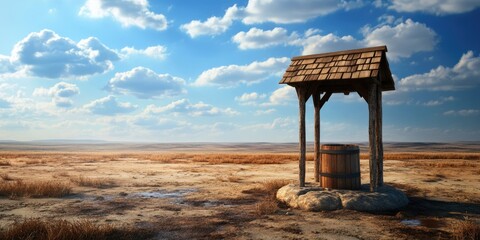 Charming Wishing Well Surrounded by Barren Landscape with Rustic Bucket, Symbolizing Dreams and Hopes