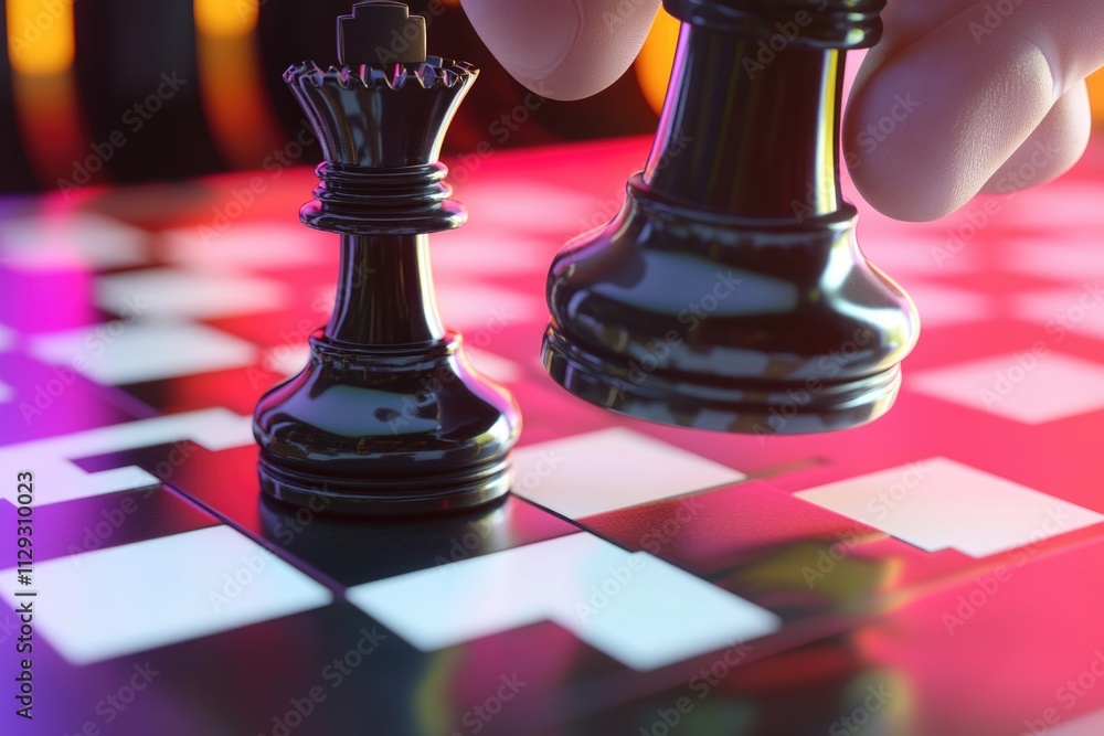Poster close-up shot of a person focusing on a game of chess, advising for use in editorial or educational 