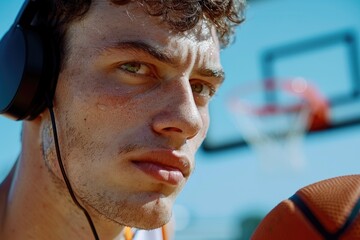 A person holding a basketball while wearing headphones, a compact description of what pictured on the image, this picture can be used for various sports-themed projects or social media posts