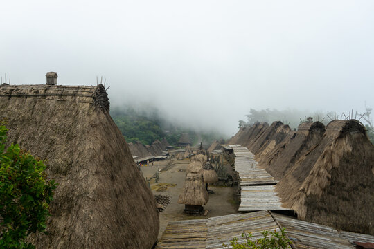 Traditional village with thatched roofs in a misty, atmospheric setting.
