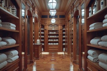 Hallway filled with towels on shelves, perfect for a spa or bathroom setting