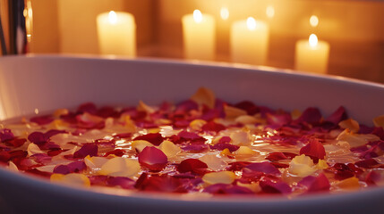 A luxurious bathtub filled with flower petals, candles glowing in the background
