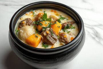 pepper pot stew served in a blackbowl with colorful vegetables and herbs on marble surface
