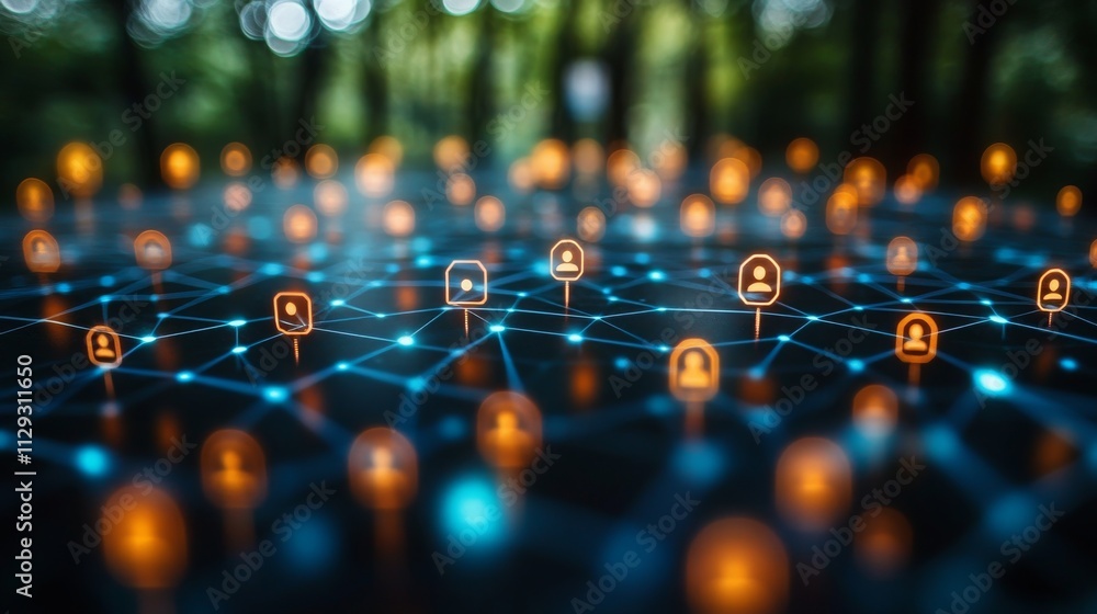 Poster automating social media management with interconnected digital icons in a serene outdoor setting