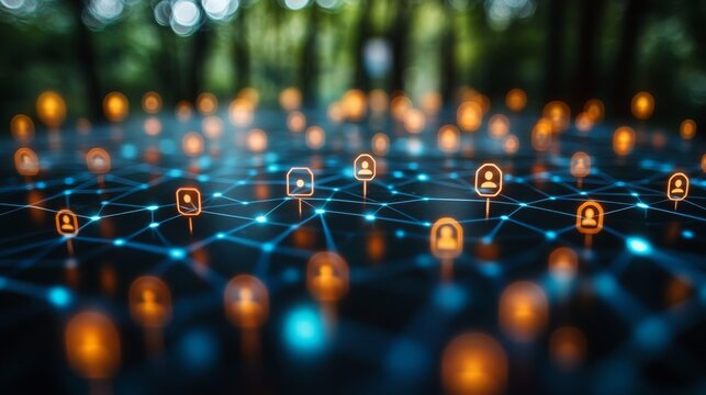 Automating social media management with interconnected digital icons in a serene outdoor setting