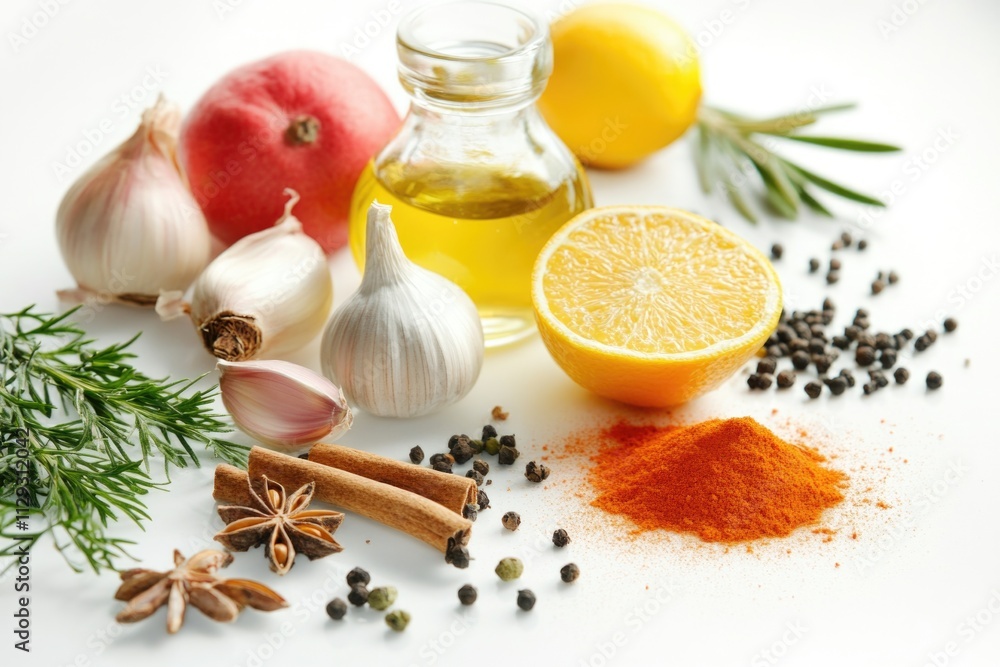 Poster a white table topped with various spices and a bottle of oil, suitable for use in food or cooking sc