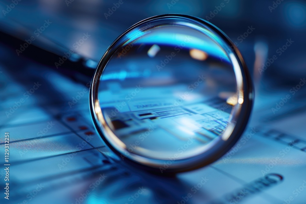 Poster a close-up image of a magnifying glass resting on top of a keyboard, great for use in scenes about d