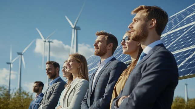 A group of professionals stands outside at a renewable energy facility, showcasing wind turbines and solar panels.