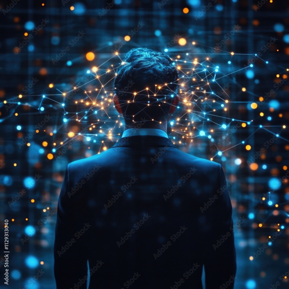 Poster a person in business attire poses near a complex system of interconnected dots