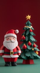 Santa Claus, Ornaments, Balls and Christmas Tree, Reindeer, Sleigh, Formed With Paper Cut Art, , Abstract Image, Texture, Pattern Background, Wallpaper, Cover and Screen of Smartphone, PC, Laptop, 9:1