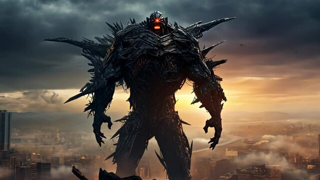 Giant monster over the destroyed city. Mythical giant kaiju attack