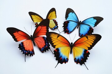 Naklejka premium A group of vibrant butterflies perched on a clean white surface, perfect for nature or science-themed projects