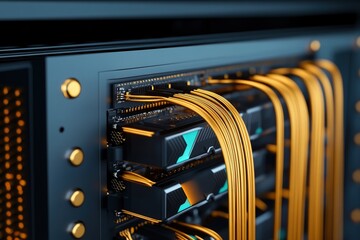 Crypto mining farm showcasing a GPU rack with numerous graphic cards and intricate cable management