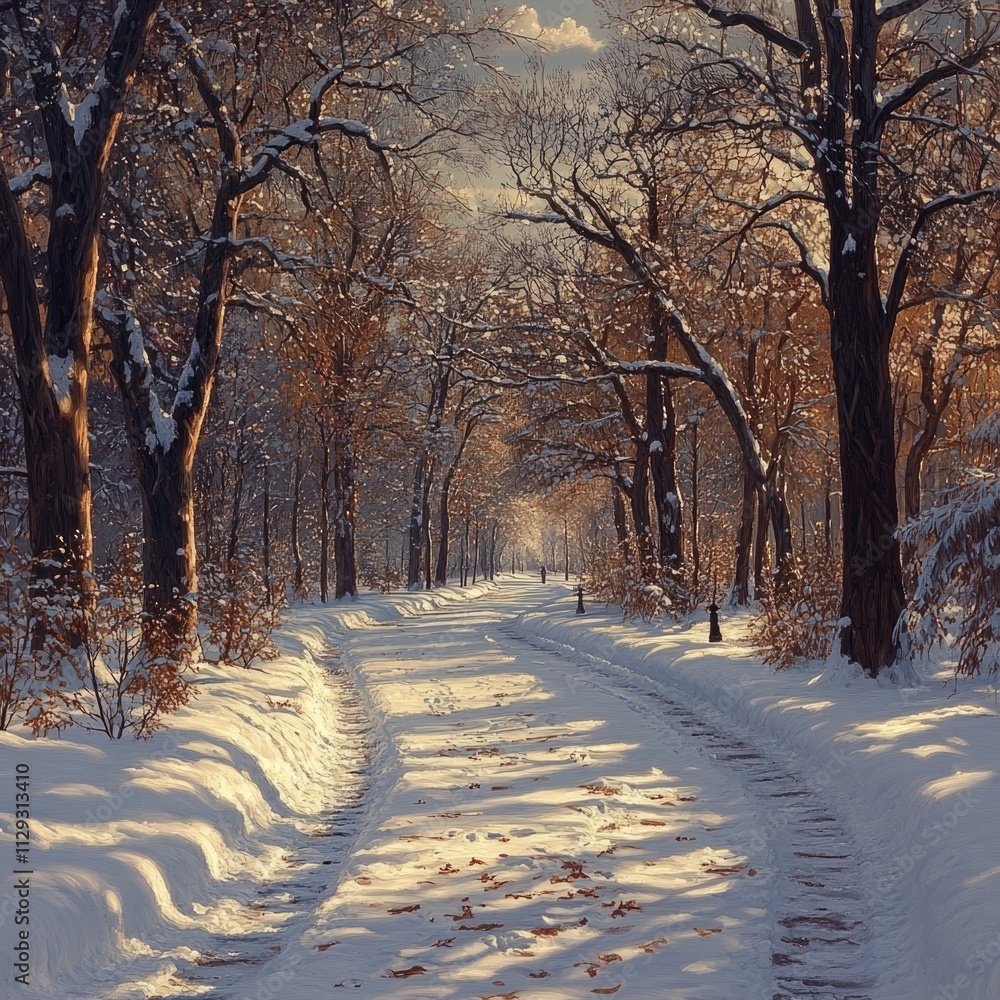 Poster a serene winter scene with a snowy road surrounded by dense forest, perfect for use as a background 