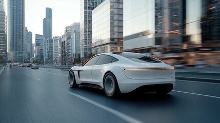 Naklejka premium White electric vehicle driving through an urban environment with advanced digital interface displayed on the dashboard