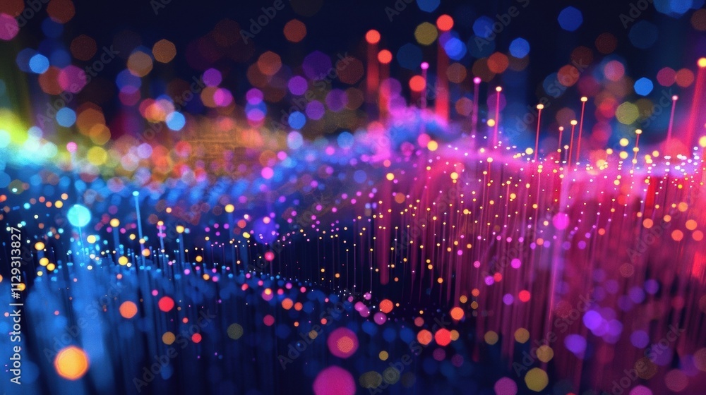 Poster big data visualization showing colorful particles flowing and glowing in cyberspace with a blurred b