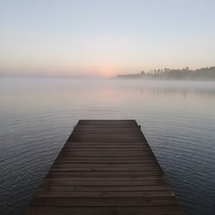 A peaceful evening view of a wooden dock on a misty lake, with soft ripples reflecting a pastel sunset.