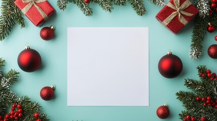 A festive arrangement featuring Christmas ornaments, gift boxes, and a blank space, perfect for holiday greetings or designs.