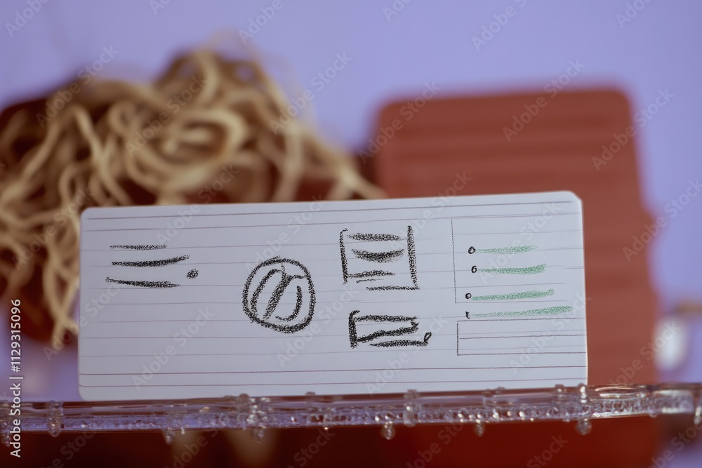Poster a simple note and a string of noodles on a desk, perfect for use in office or educational settings