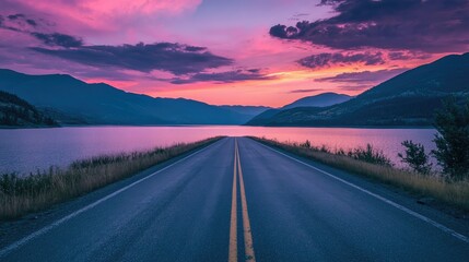 Fototapeta premium The empty road leading to the lake by sunset