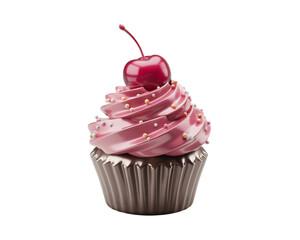 Delicious chocolate cupcake with swirls of pink frosting and a cherry on top