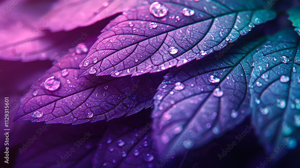Poster vibrant leaves adorned with droplets glisten under soft light in a serene natural setting