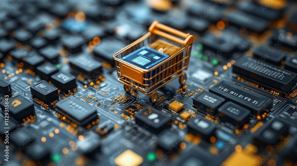 Poster a shopping cart rests on a computer circuit board, symbolizing a fintech solution