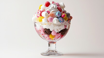 Candy Whipped Cream Sundae in Glass Bowl Isolated On White Background