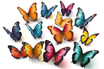 A cluster of brightly colored butterflies perched on a clean white surface, ideal for illustration and design projects