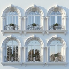 A simple building with a clock on the front, featuring 4 windows