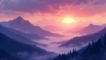 Fototapeta premium Breathtaking mountain sunrise with glowing sun and valleys covered in mist