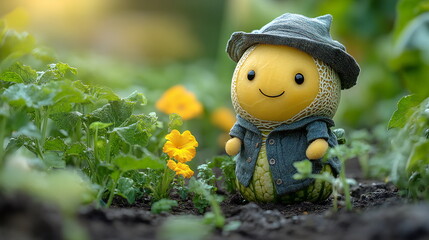 Cute yellow character dressed in denim overalls stands among vibrant flowers and melon plants in a sunny garden