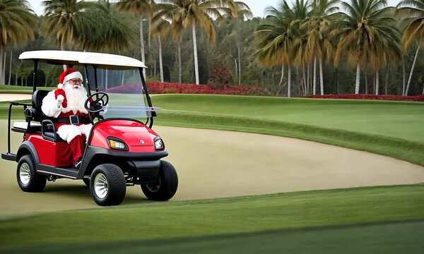 Santa Claus in a red golf cart on a green golf course.