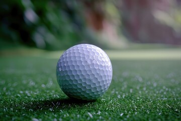 Obraz premium A golf ball sits atop a vibrant green grassy area, perfect for a golf course or sports-themed project