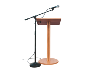 Wooden podium with microphone ready for public speaking event