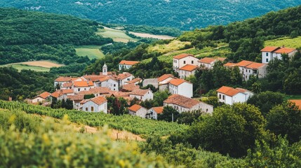 Obraz premium Traditional European village nestled in rolling hills