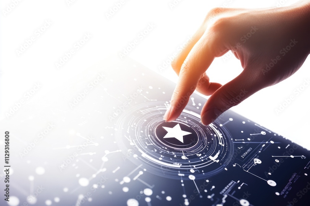 Poster a person interacting with a tablet screen by touching a button, suitable for use in technology and d