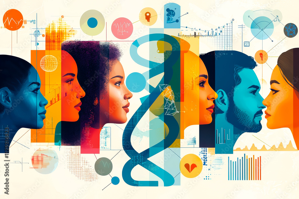 Poster Diverse group of people showcasing various expressions and emotions in a vibrant artistic representation of unity and progress