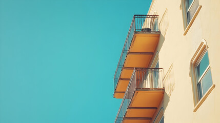 Modern building with balconies and a bright blue sky, showcasing architectural elegance .4k image