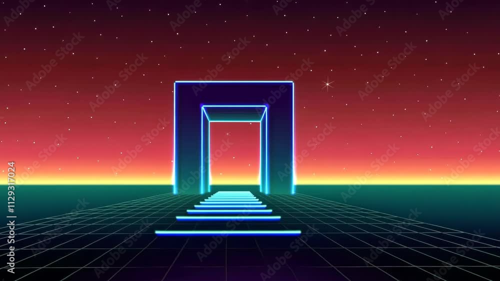Poster neon 80s styled massive gate in retro game landscape with shiny road to the future