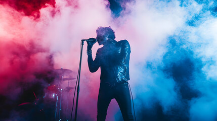 Obraz premium Music performer on stage under pink and blue smoke, delivering a live concert filled with energy .4k image